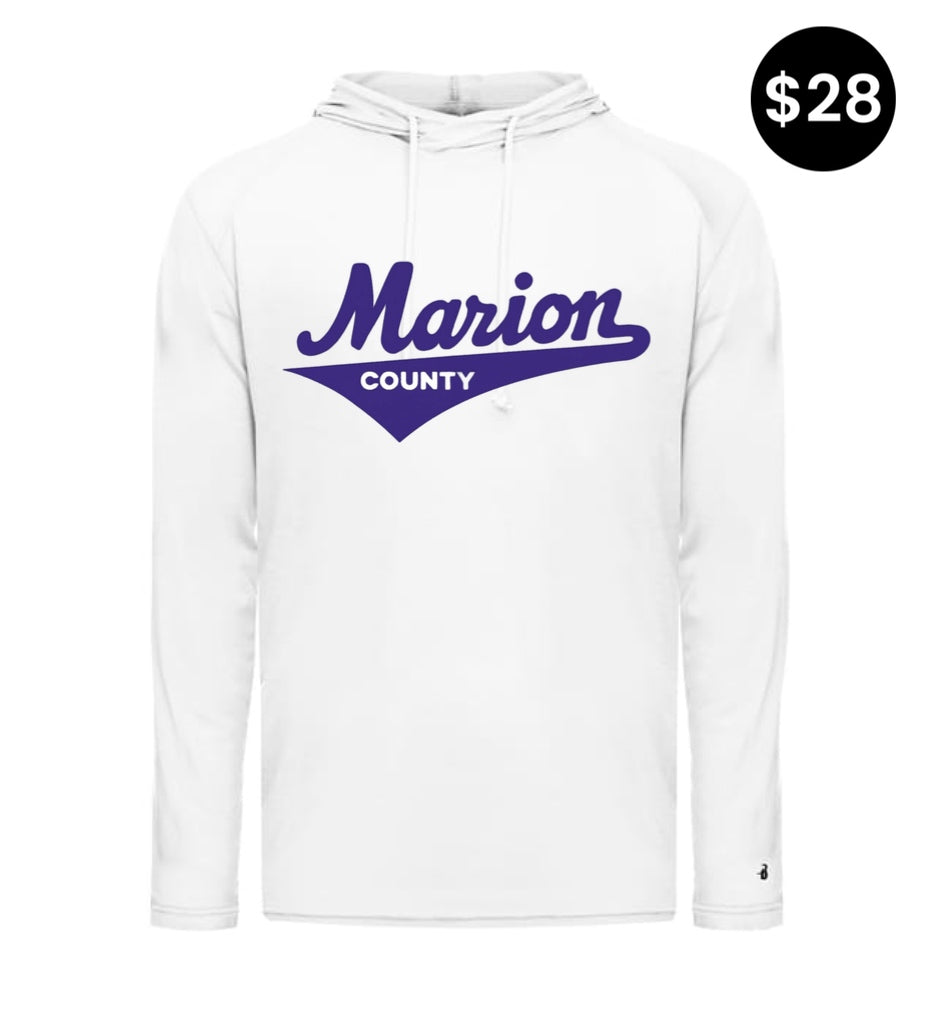 Marion Throwback Logo Hoodie in white with purple Marion County script