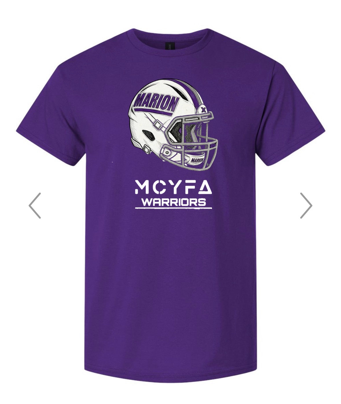 MCYFA Warriors Football Tee in Purple with Marion helmet graphic