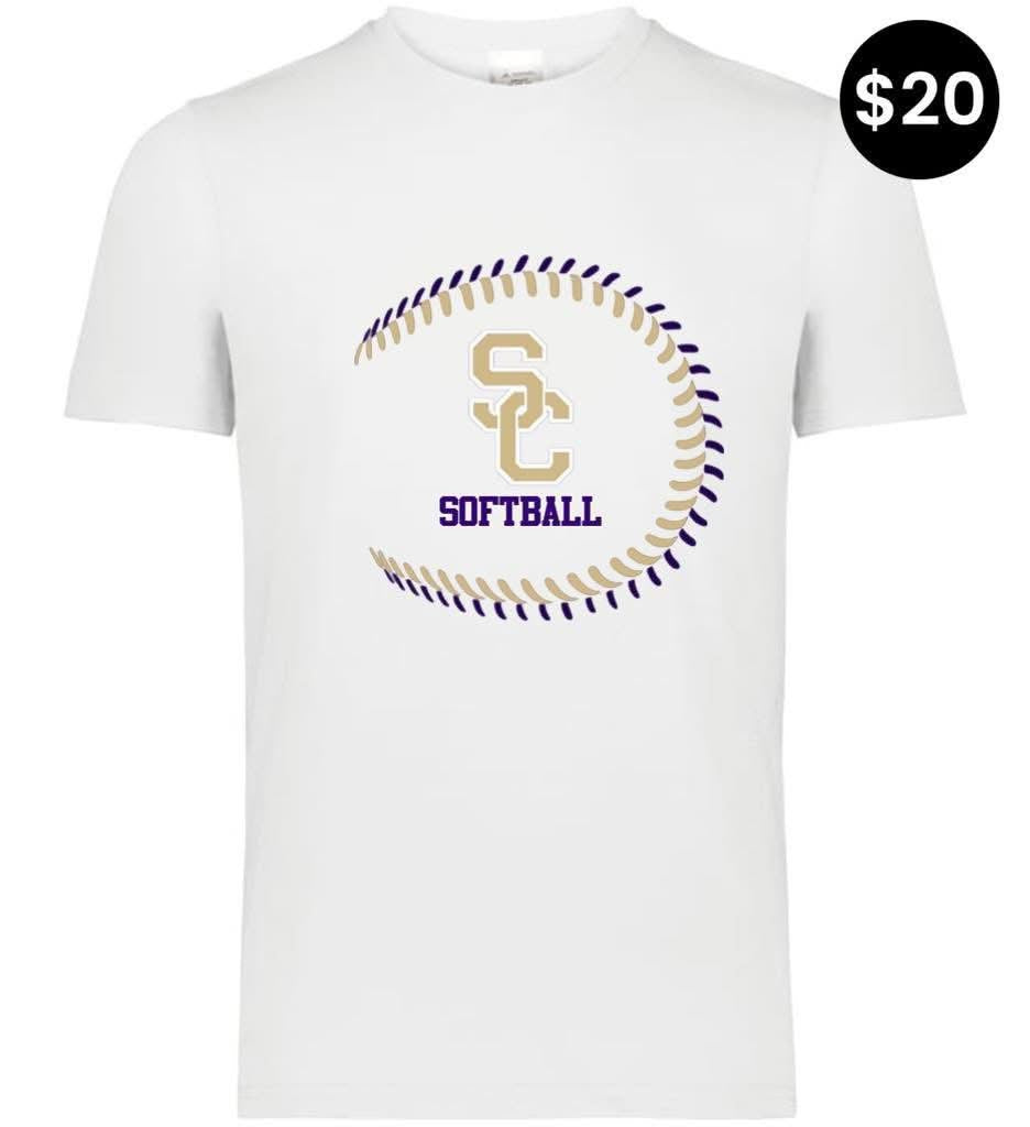 SC Softball Stitch T-Shirt - White with purple and gold softball stitch graphic