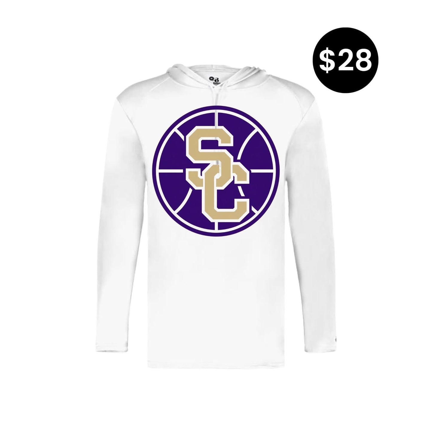 SC Basketball Long Sleeve Hoodie - White with purple and gold SC logo
