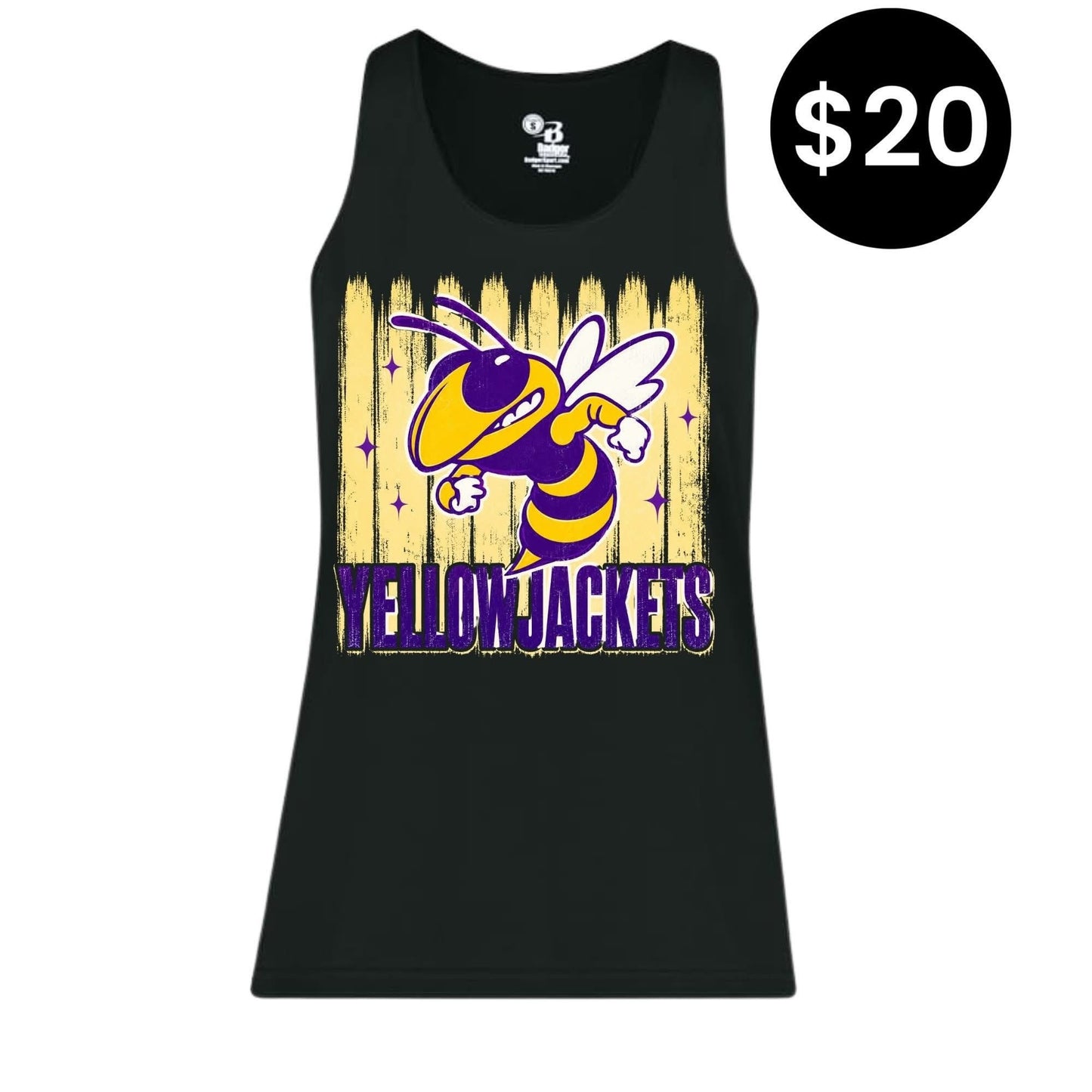 Yellow Jackets Distressed Tank Top - Black with Yellow Jacket mascot and distressed gold stripe graphic