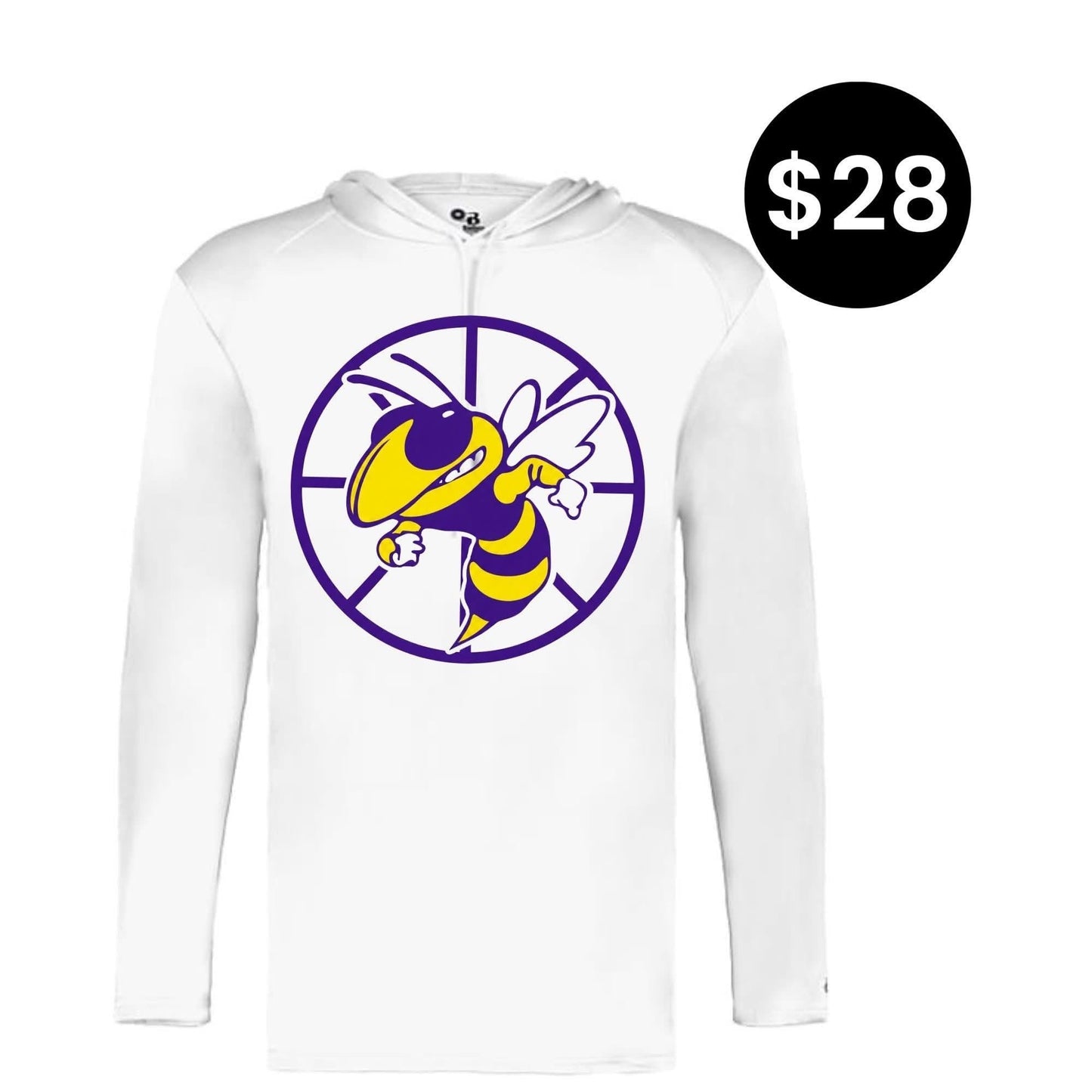 Jackets Basketball Long Sleeve Hoodie - White with Yellow Jacket mascot in purple basketball circle