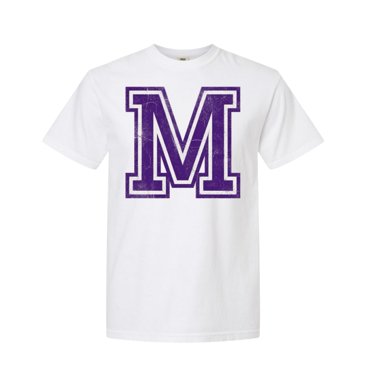 White Marion County T-shirt with oversized distressed purple M graphic