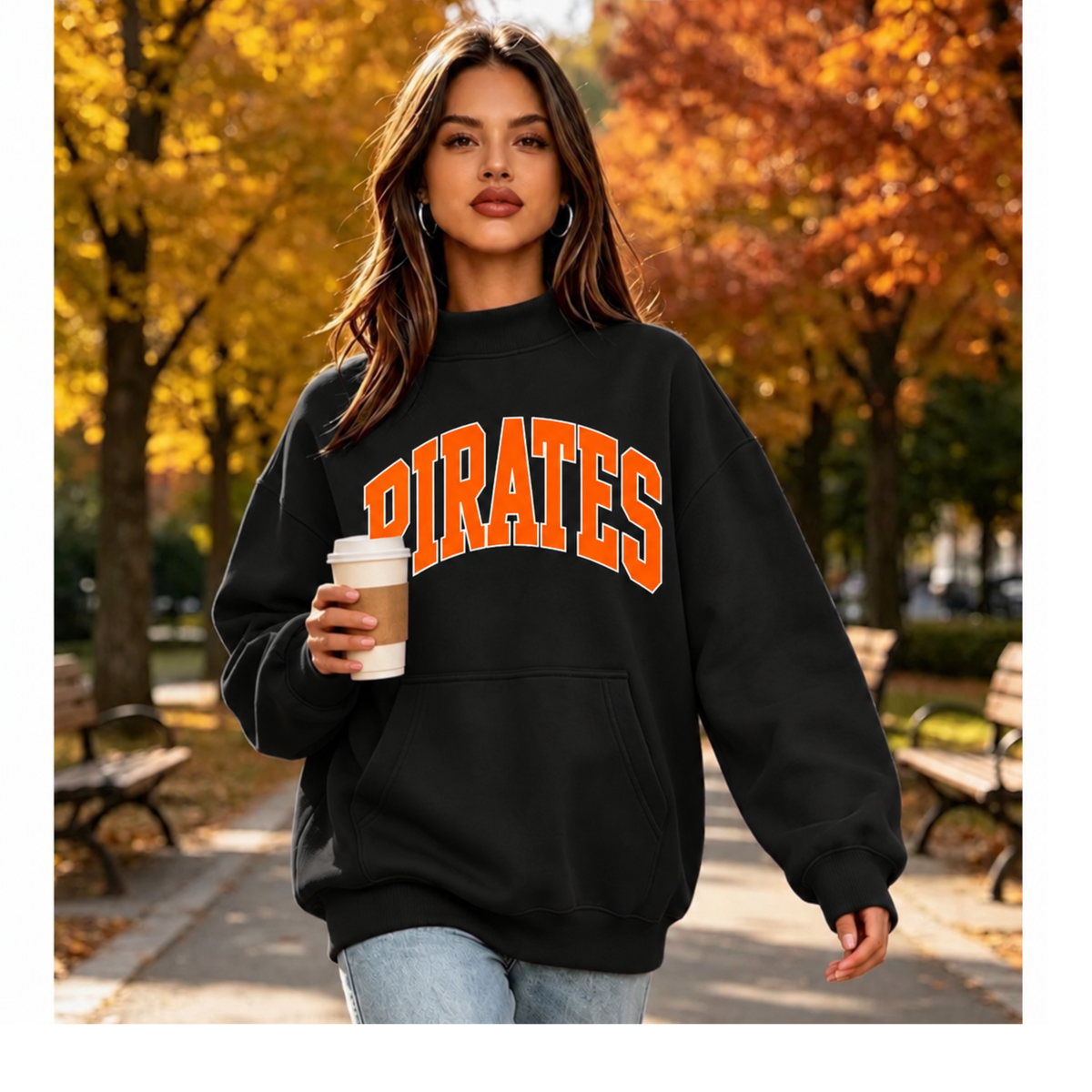 Model wearing a black mockneck sweatshirt with orange and white PIRATES lettering