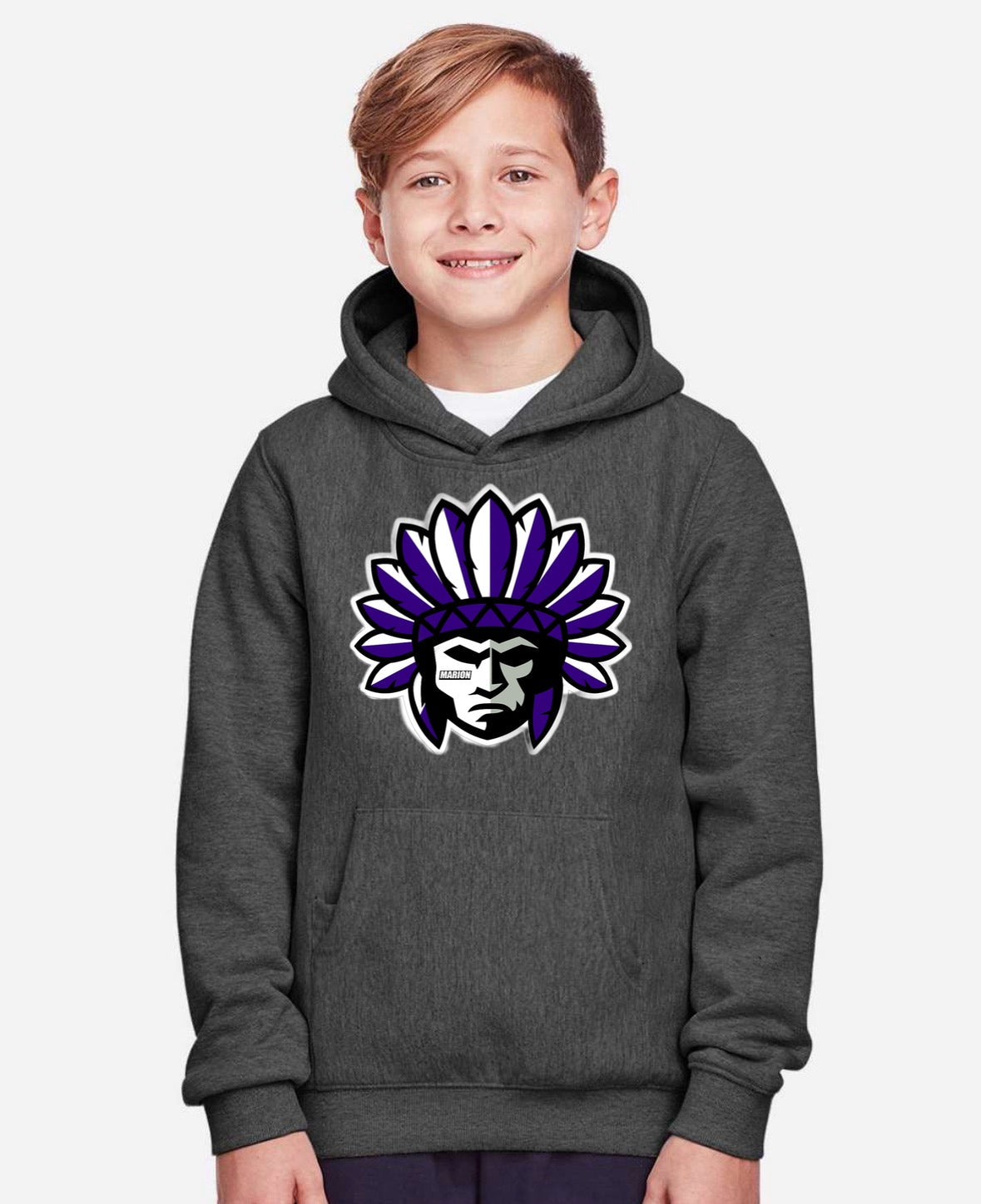 Warrior Head Youth Hooded Sweatshirt - Dark Heather