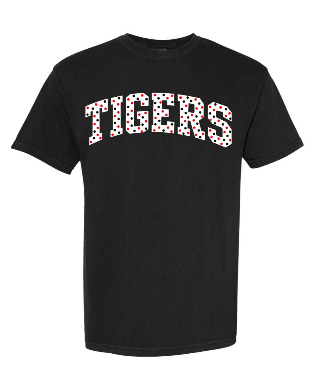Comfort Colors Tigers Arch Tee - Black with Red and Black Polka Dot Print
