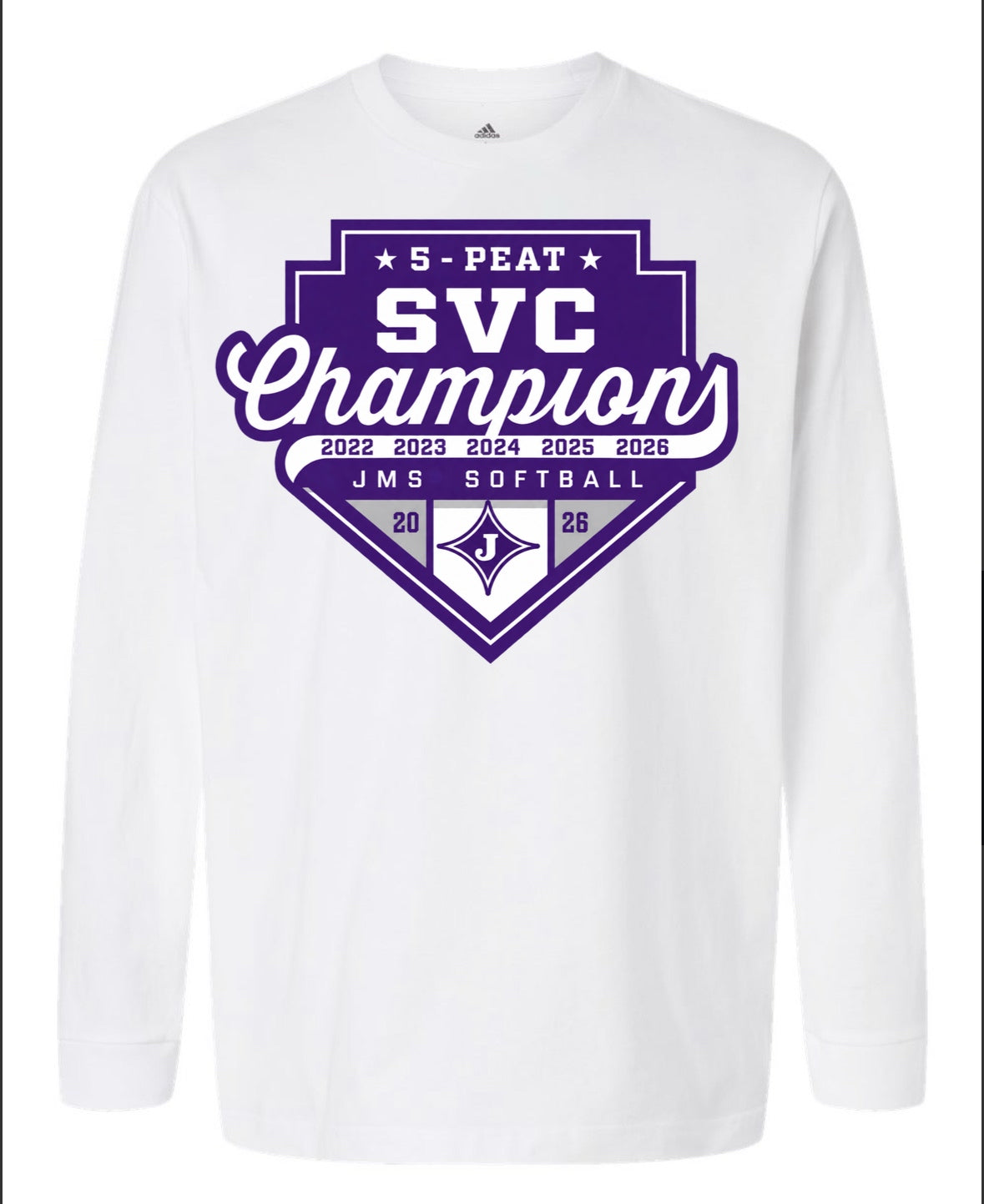 White Jasper Middle School Softball 5-Peat SVC Champions short sleeve T-shirt