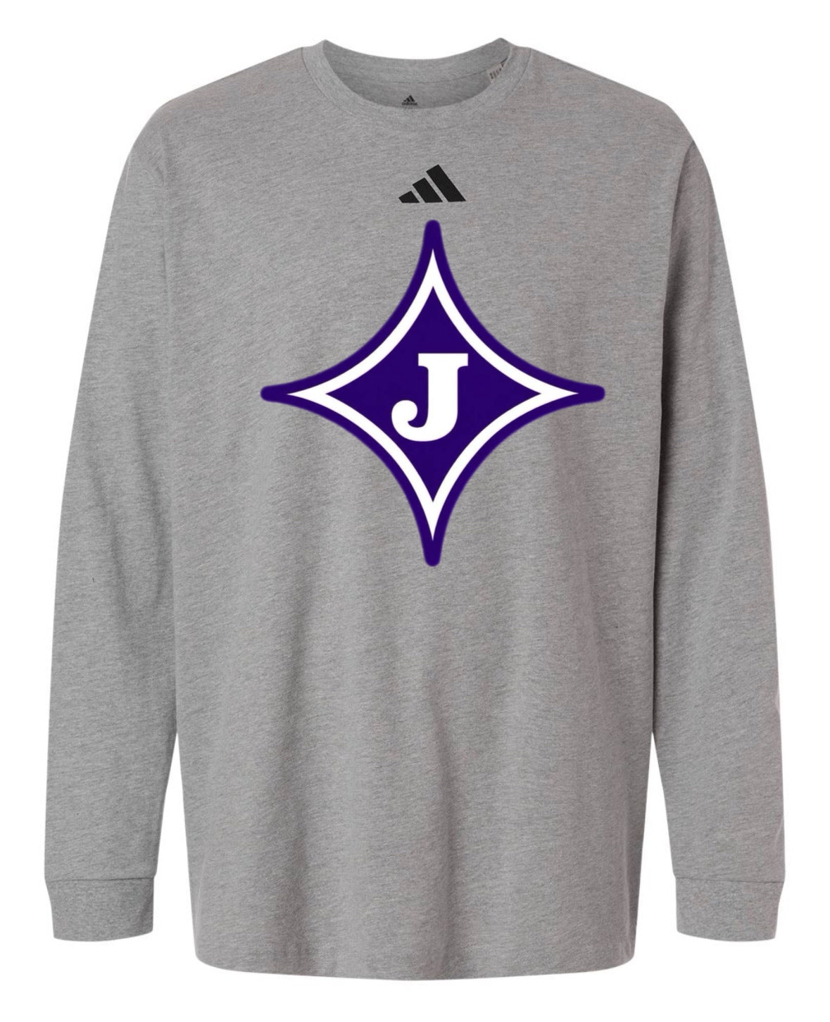 White JMS Adidas Fresh Long Sleeve Shirt with purple and white J graphic