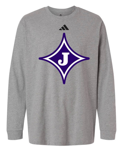 White JMS Adidas Fresh Long Sleeve Shirt with purple and white J graphic