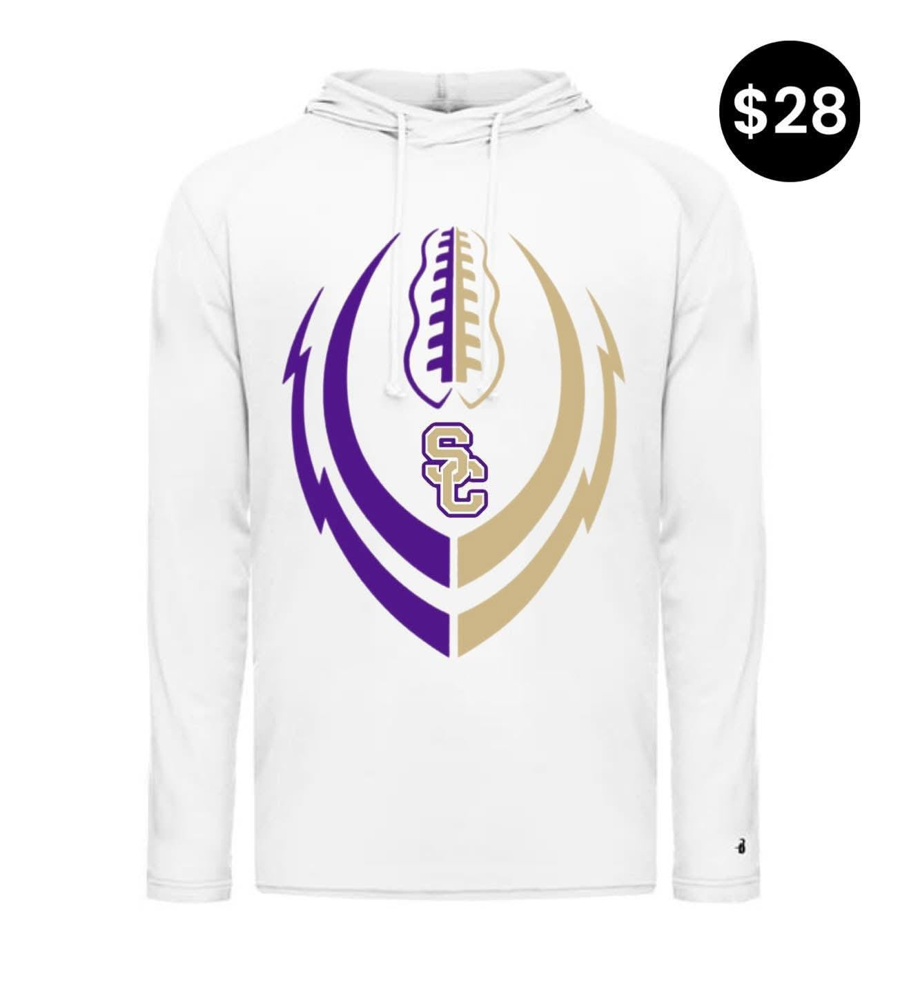 SC Football Long Sleeve Hoodie - White with purple and gold split football graphic