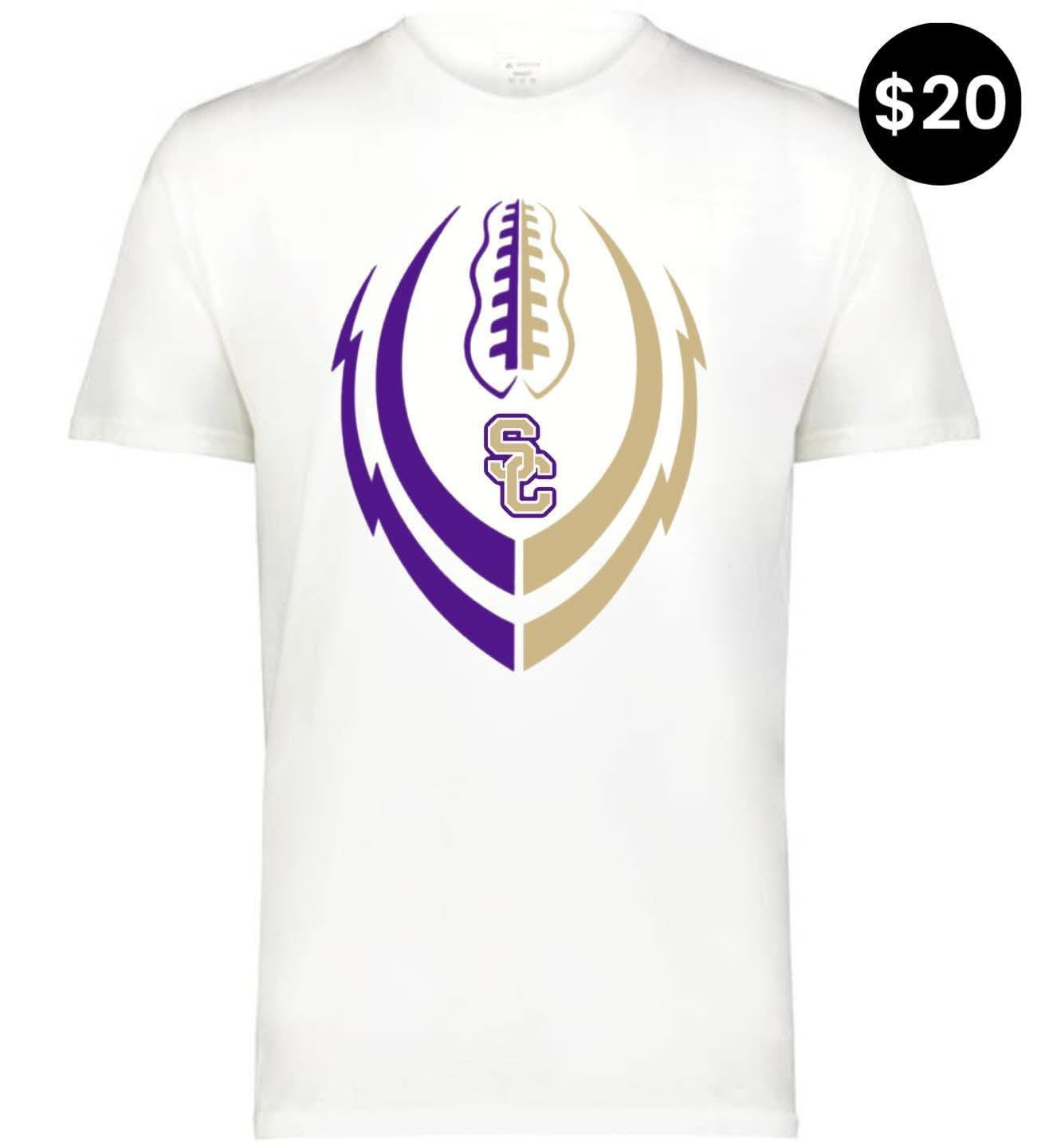 SC Football T-Shirt - White with purple and gold split football graphic