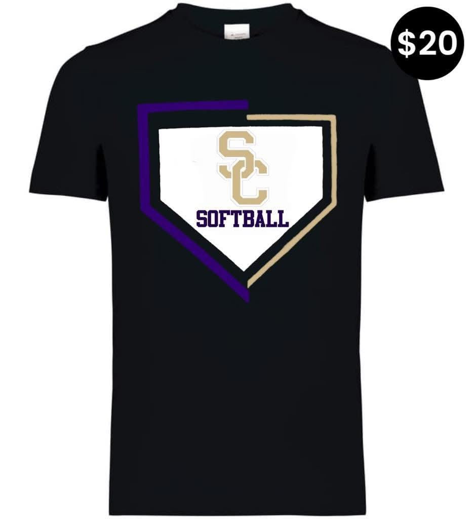 SC Softball Home Plate T-Shirt - Black with purple and gold home plate graphic