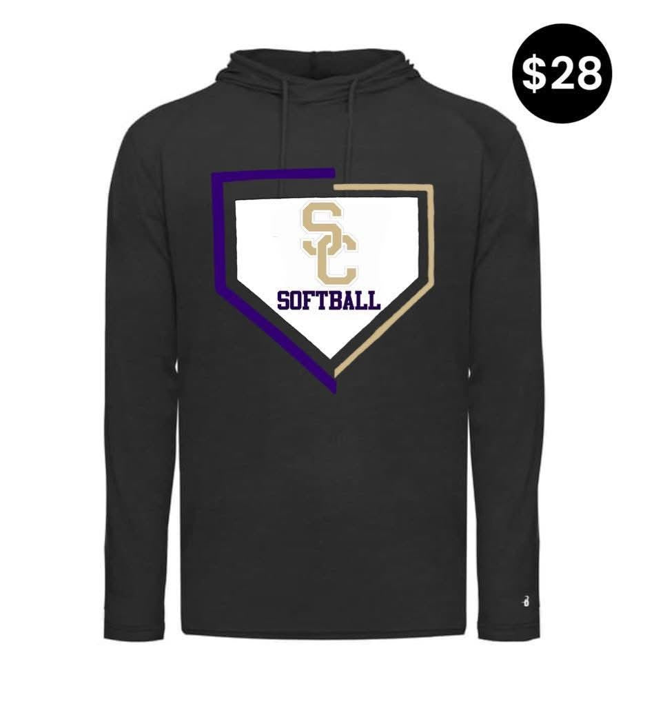 SC Softball Home Plate Long Sleeve Hoodie - Black with purple and gold home plate graphic