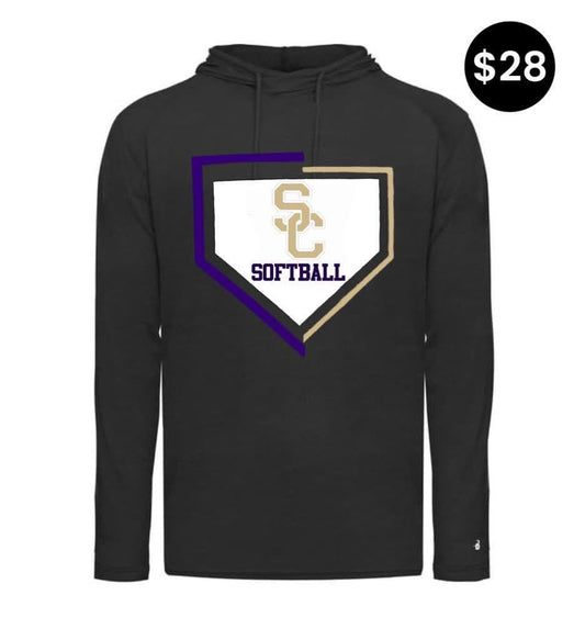 SC Softball Home Plate Long Sleeve Hoodie - Black with purple and gold home plate graphic