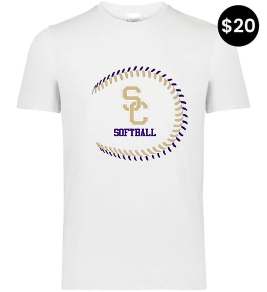 SC Softball Stitch T-Shirt - White with purple and gold softball stitch graphic