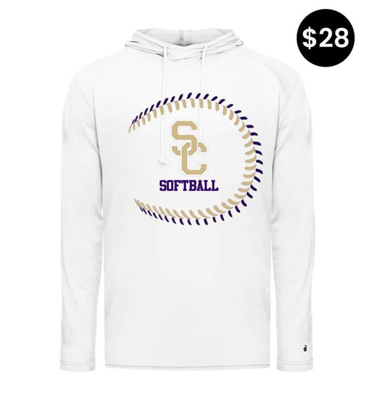 SC Softball Long Sleeve Hoodie - White with purple and gold softball stitch graphic
