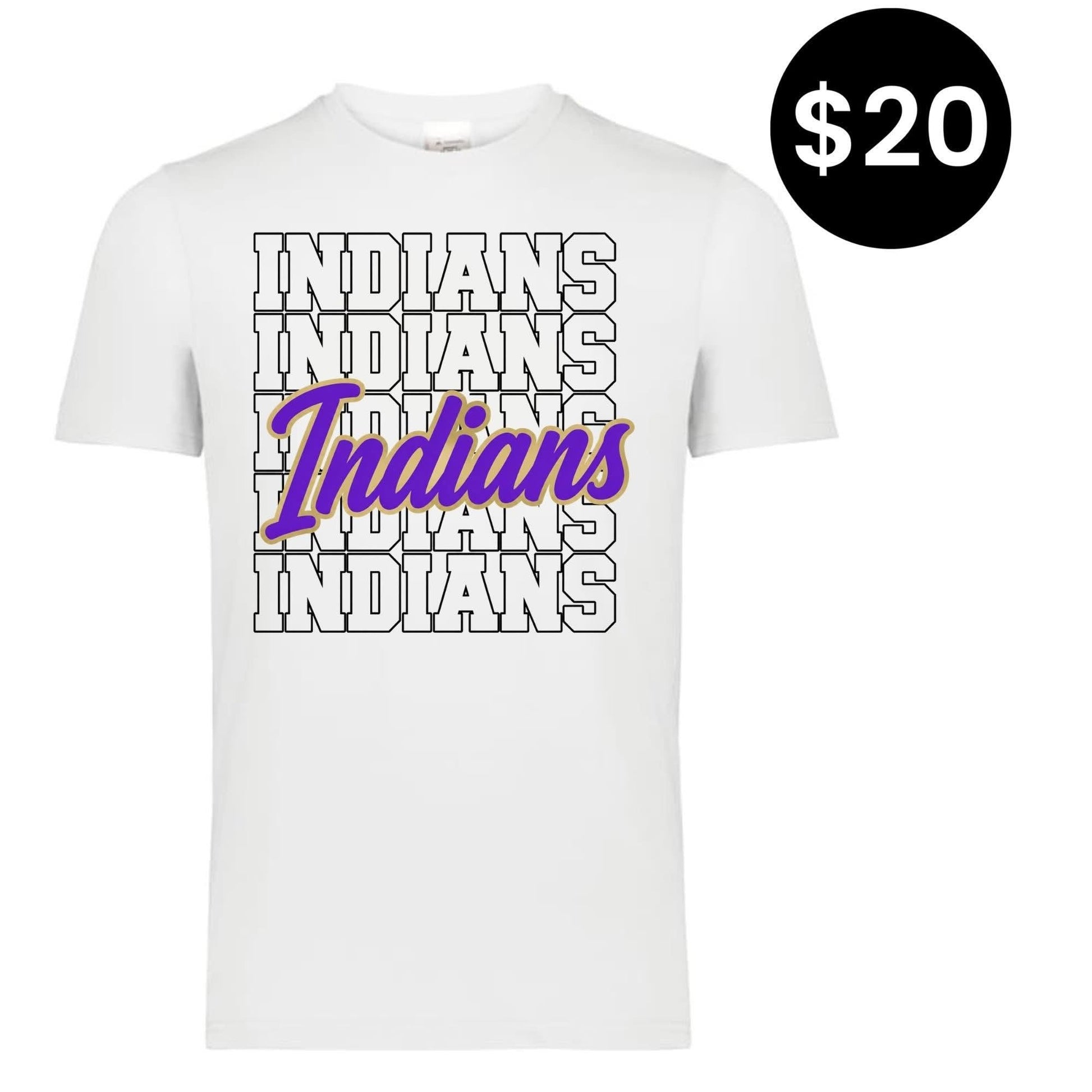 Indians Stacked T-Shirt - White with stacked block letters and purple script accent