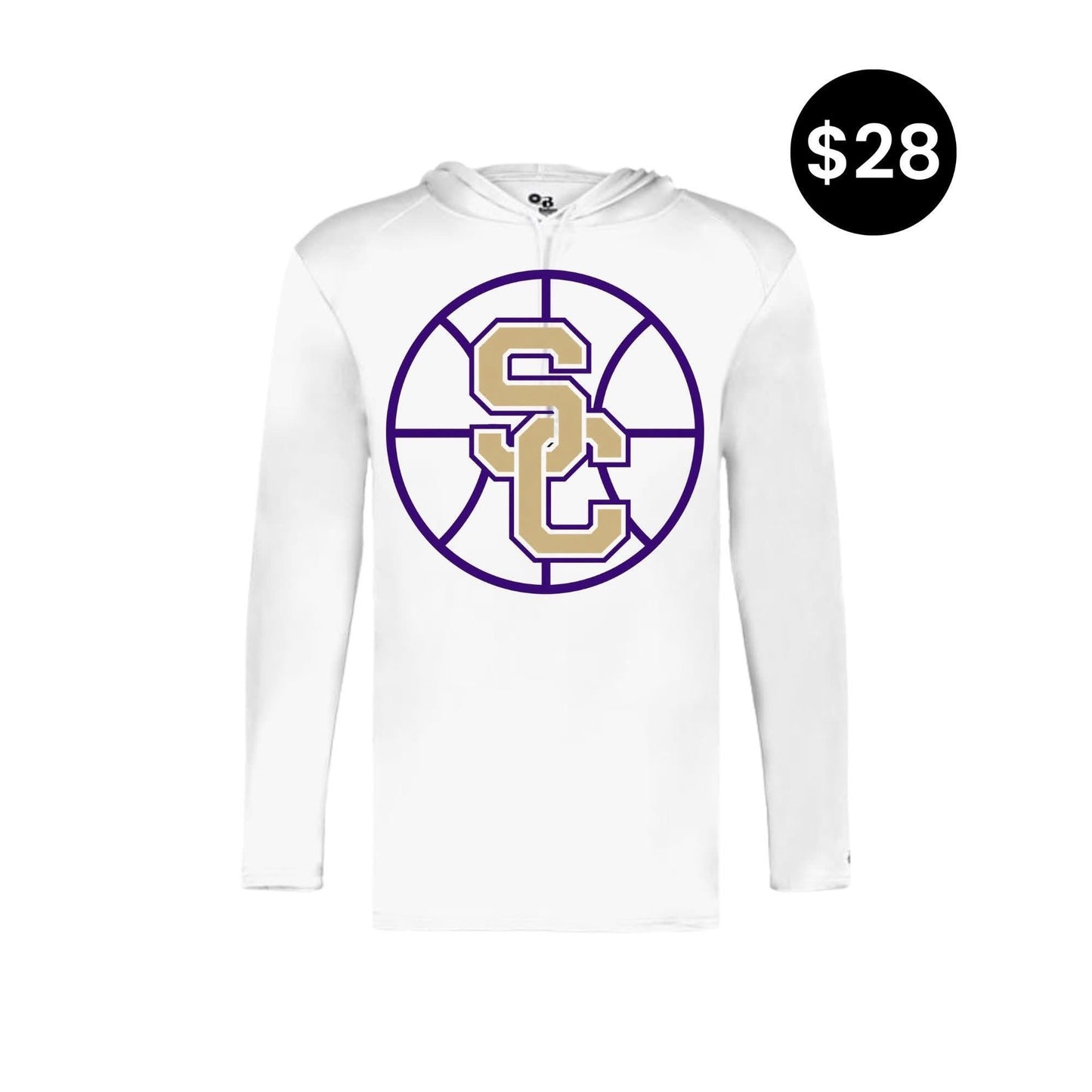 SC Basketball Long Sleeve Hoodie - White with purple and gold outline SC logo
