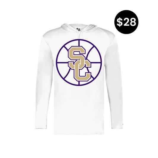 SC Basketball Long Sleeve Hoodie - White with purple and gold outline SC logo