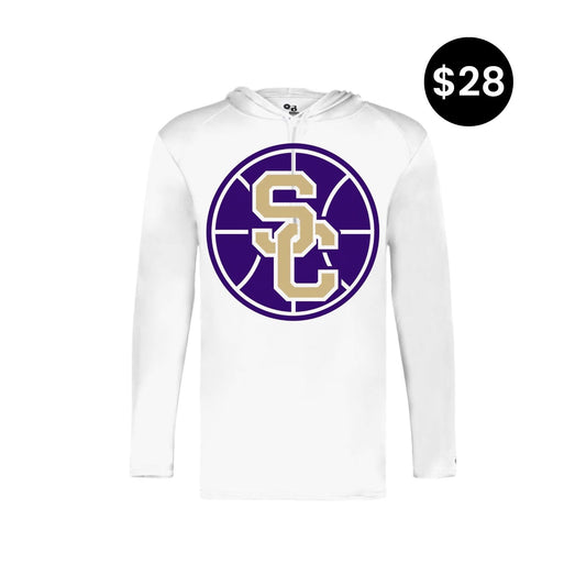 SC Basketball Long Sleeve Hoodie - White with purple and gold SC logo