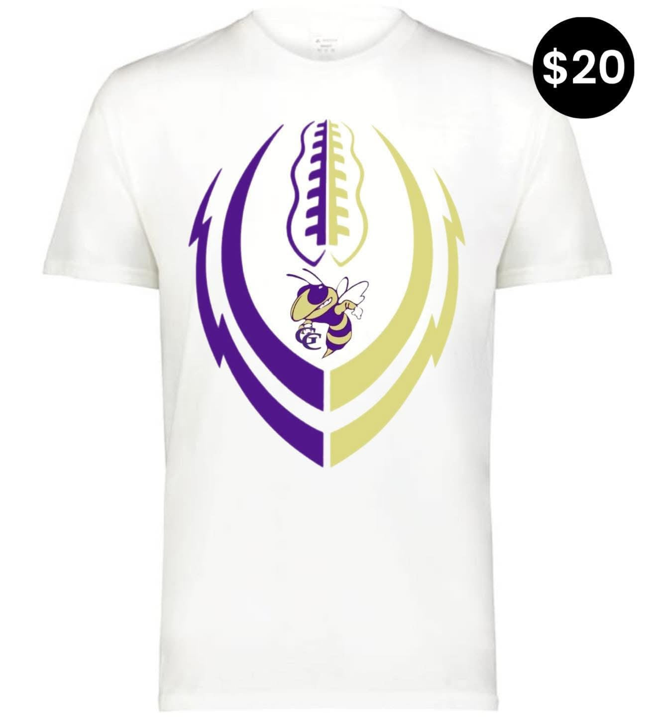 Grundy County Jackets Football Tee with purple and gold split football graphic