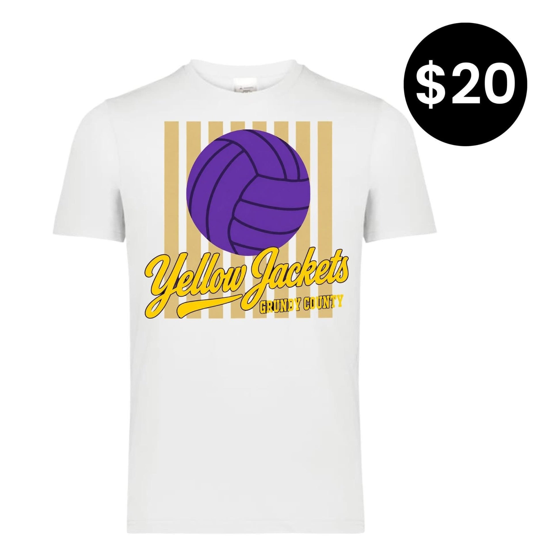 Yellow Jackets Volleyball T-Shirt - White with purple volleyball and gold stripe graphic