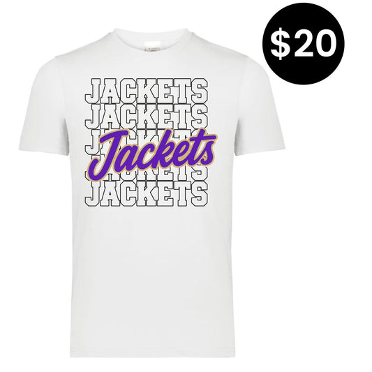 Jackets Stacked T-Shirt - White with stacked block letters and purple script accent