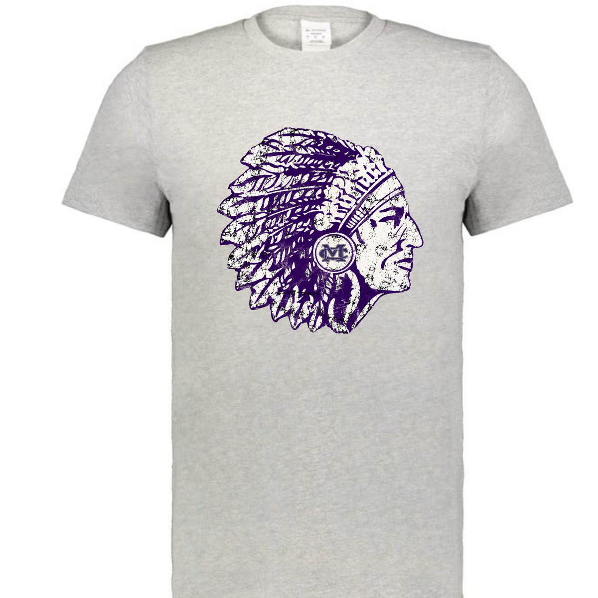 Light gray Marion County T-shirt with distressed purple Warrior head graphic